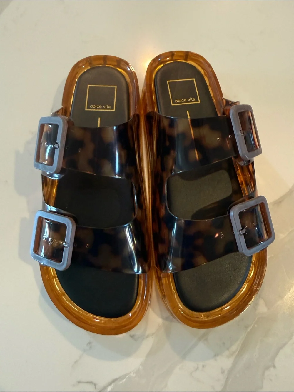 Dolce Vita Tortoiseshell Brown Clear Buckle Slide Sandals